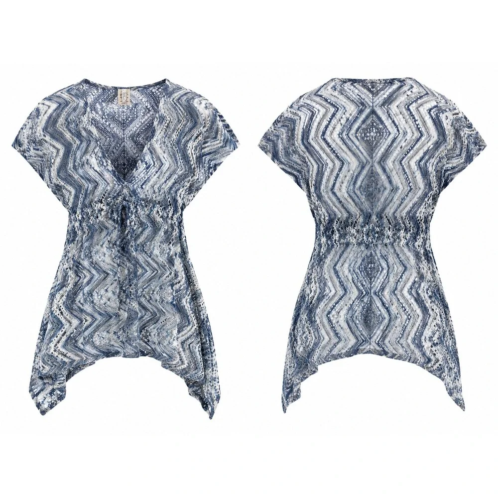BECCA Swim Cover Up‎ Womens XS/S Blue Metallic Chevron Crochet Knit Drawstring